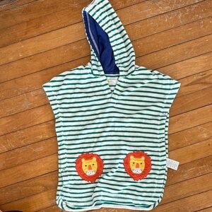 Baby Boden Green & White Striped Hooded Poncho with Lion Pockets